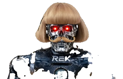 Jean REK, a chrome skull with a blonde bowl cut and glowing red eyes